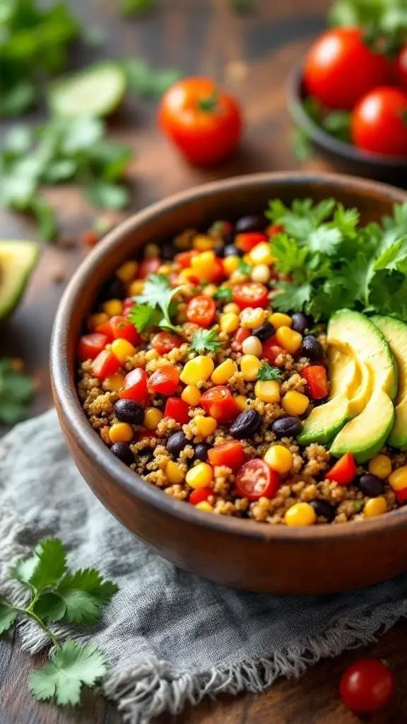 A colorful Mexican vegan bowl with quinoa, black beans, corn, tomatoes, avocado, and cilantro.