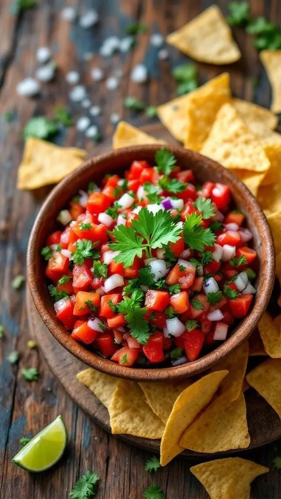 A bowl of fresh Pico de Gallo with tortilla chips on the side