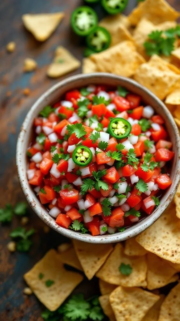 A bowl of fresh Pico de Gallo with tortilla chips on the side
