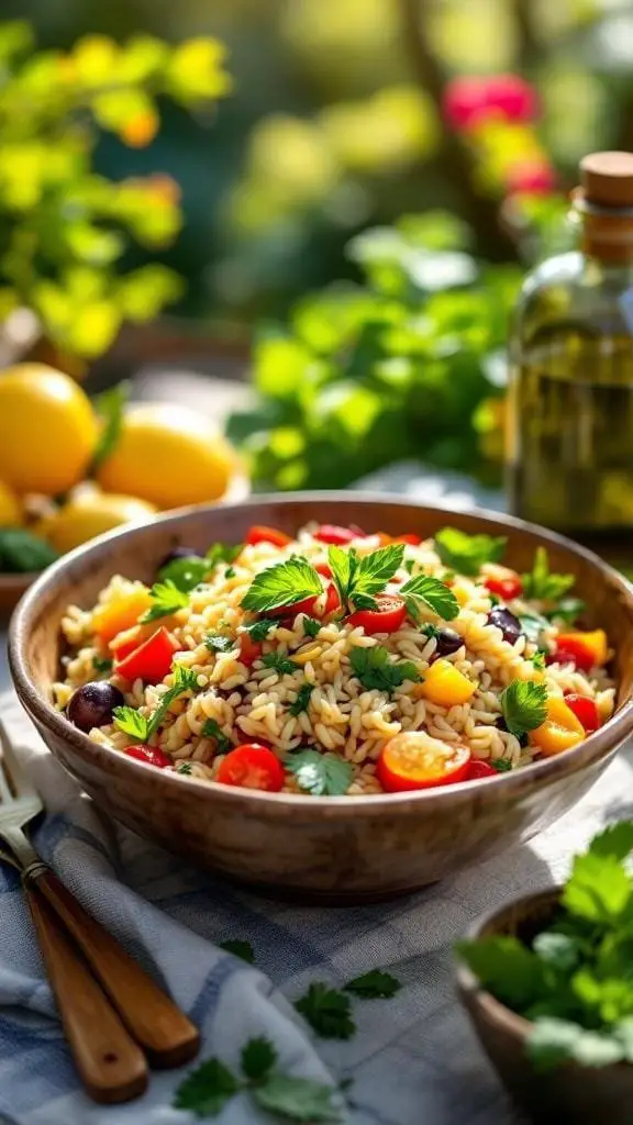 A bowl of fresh Mediterranean orzo salad with tomatoes, olives, and herbs.