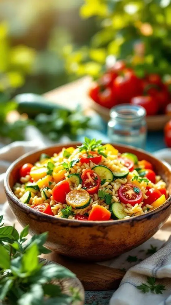 A vibrant bowl of Mediterranean orzo salad filled with colorful vegetables.