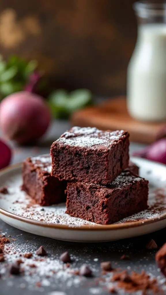 A plate of fudgy beetroot brownies dusted with powdered sugar, surrounded by fresh beetroots and chocolate chips.