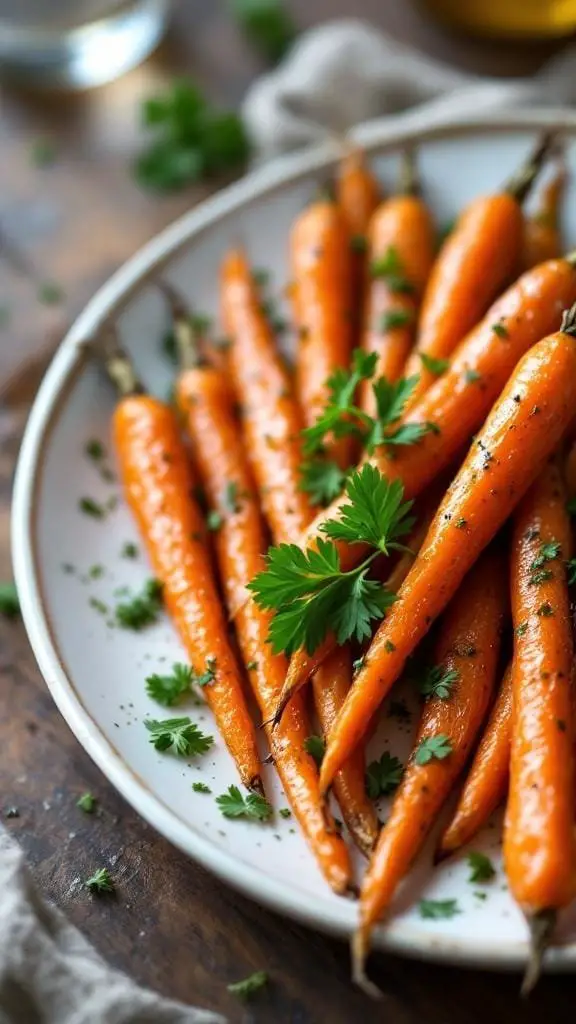 A plate of garlic butter roasted carrots garnished with parsley.