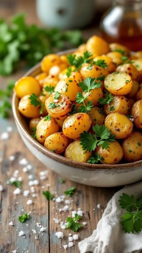 Bowl of garlic herb roasted potatoes garnished with fresh parsley