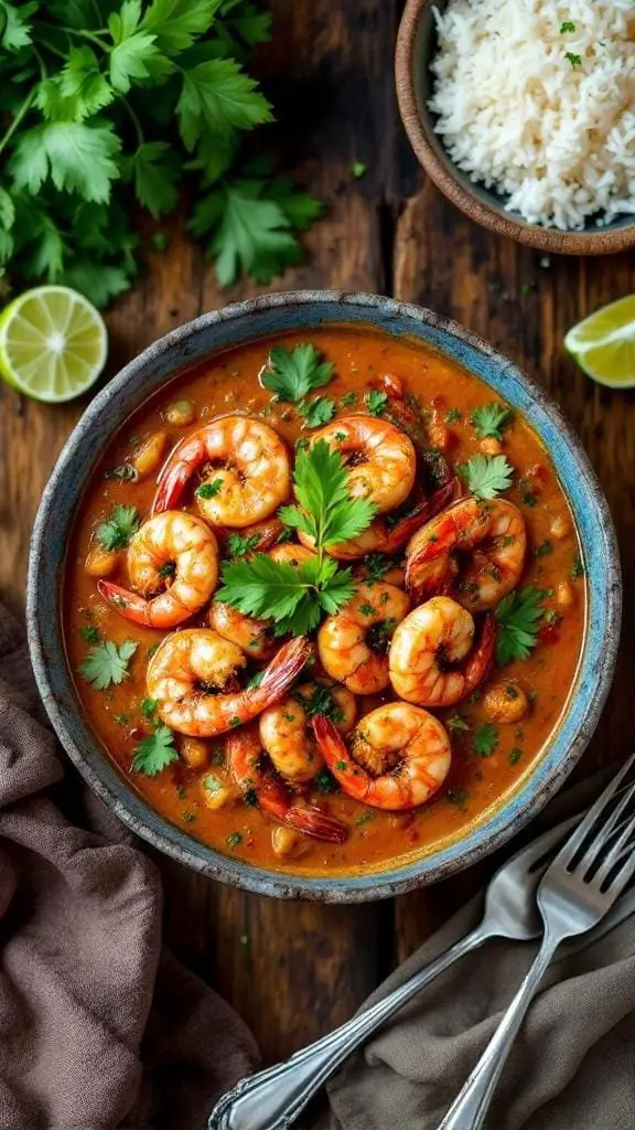 A bowl of Goan King Prawn Curry garnished with fresh herbs, served with rice and lime.