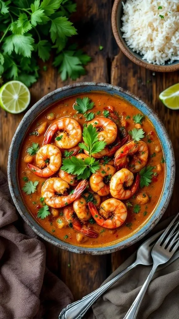 A bowl of Goan King Prawn Curry garnished with fresh herbs, served with rice and lime.