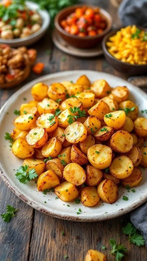 A plate of golden crispy roasted potatoes garnished with parsley.