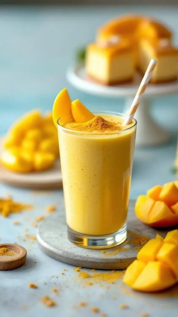 A glass of golden mango turmeric smoothie topped with mango slices and turmeric powder, with mango pieces in the background.
