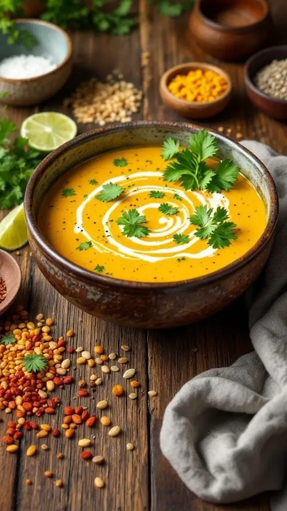 A bowl of golden turmeric and coconut lentil soup garnished with cilantro and a swirl of cream, surrounded by spices and ingredients.