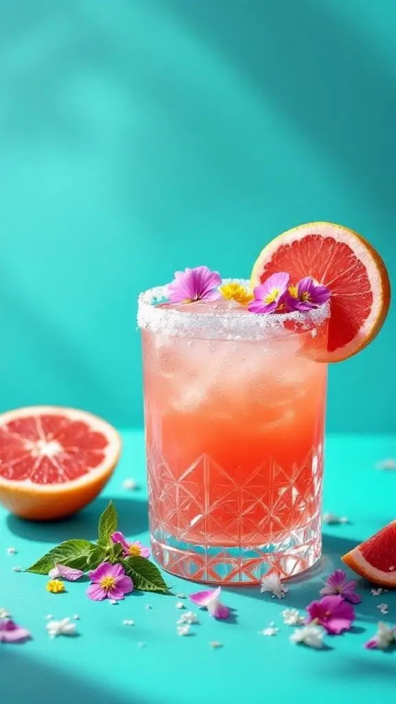 A refreshing grapefruit hibiscus margarita garnished with flowers and a slice of grapefruit.