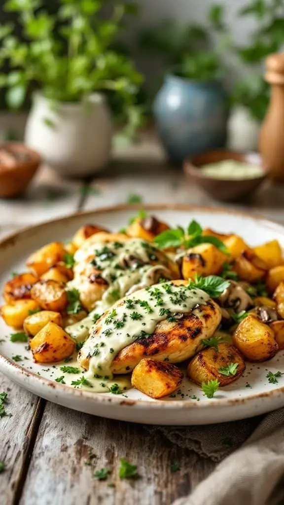 A plate of Greek Garlic Chicken with roasted potatoes and creamy mushroom pesto, garnished with fresh herbs.