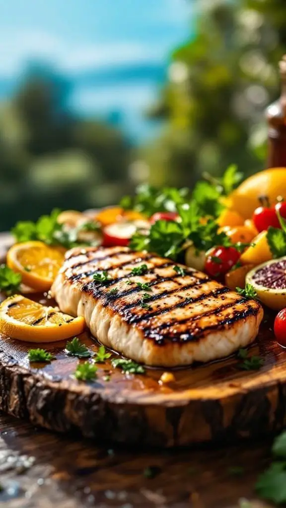 Grilled swordfish with citrus marinade on a wooden platter surrounded by fresh vegetables
