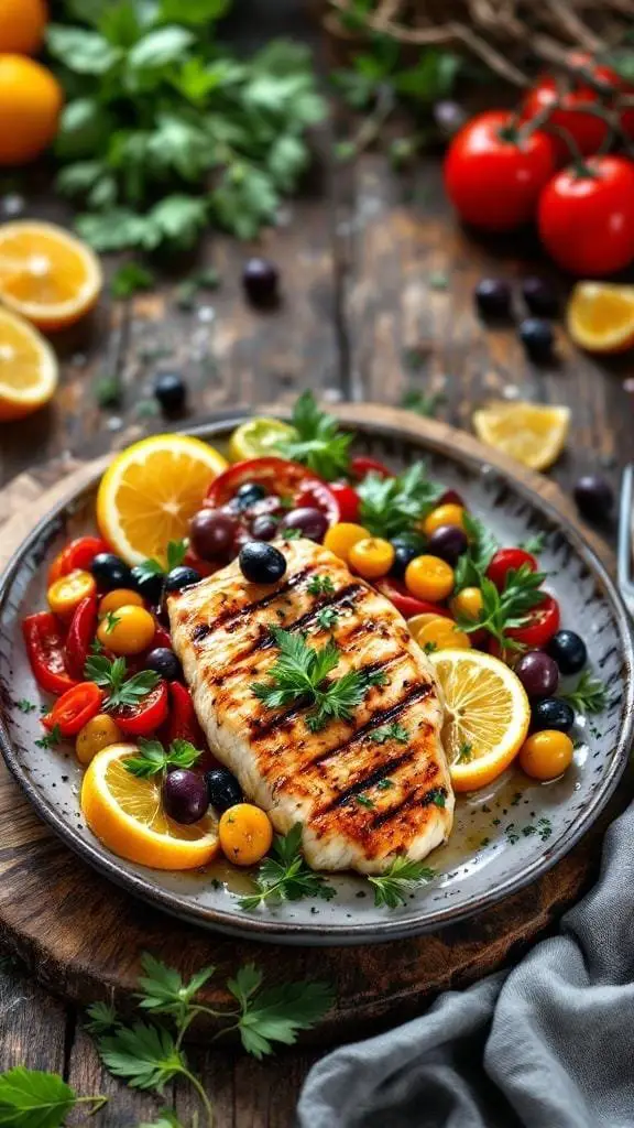 Grilled swordfish served with citrus slices and colorful vegetables on a plate