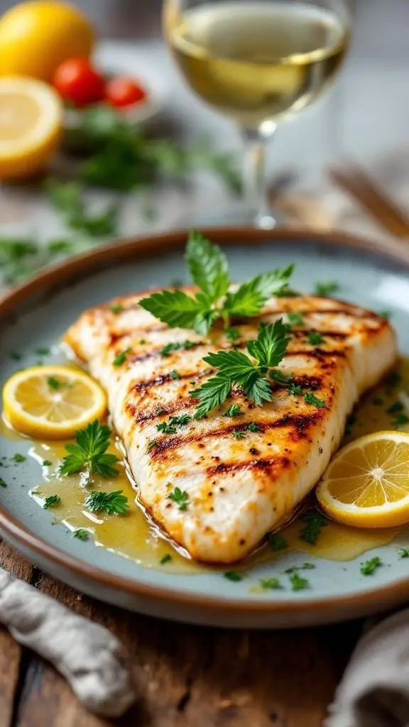 Grilled swordfish with lemon slices and herbs on a plate