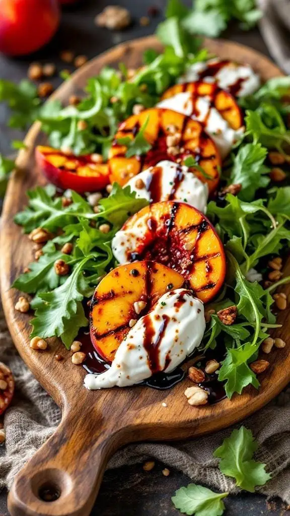 A delicious Grilled Peach and Burrata Salad on a wooden platter, featuring grilled peaches, burrata cheese, and greens.