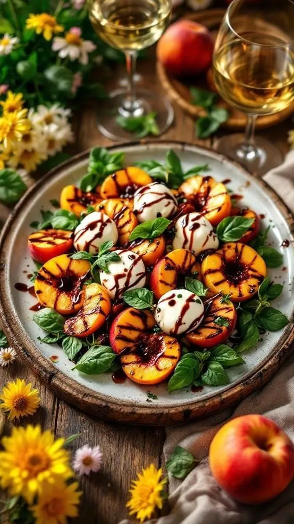 A vibrant salad featuring grilled peaches, burrata cheese, and fresh basil on a rustic plate.