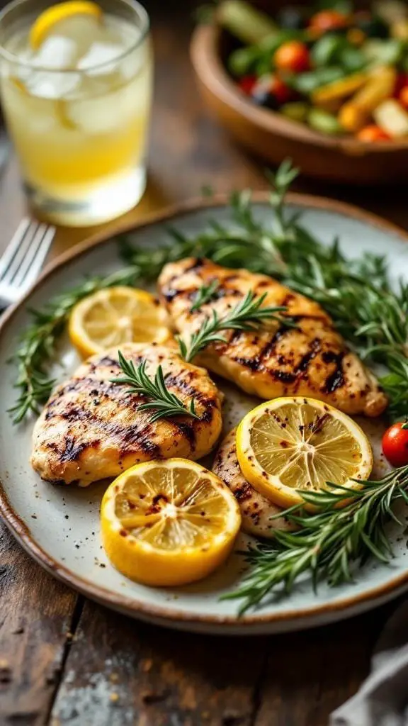 Grilled rosemary lemon chicken served with lemon slices and fresh herbs