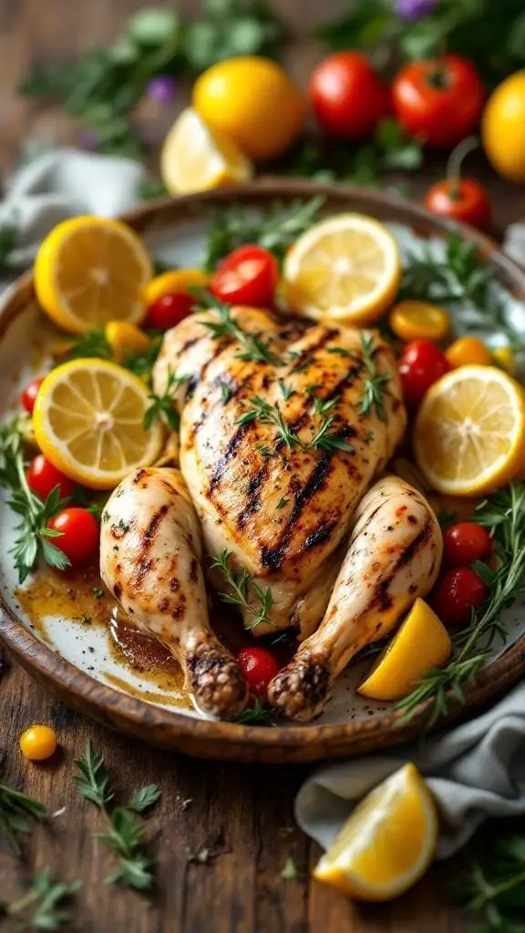 Grilled rosemary lemon chicken served with lemon slices and cherry tomatoes on a wooden plate.