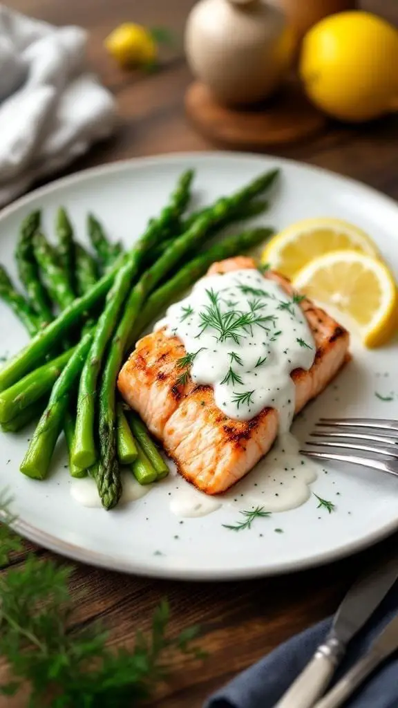 A plate of grilled salmon with dill sauce served with asparagus and lemon slices.