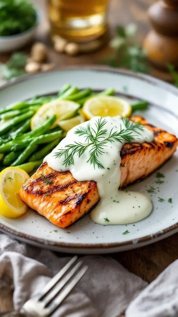 A plate of grilled salmon with dill sauce, served with lemon slices and green beans.