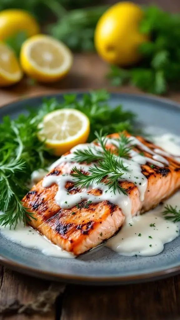 Grilled salmon with dill sauce garnished with fresh herbs and lemon slices