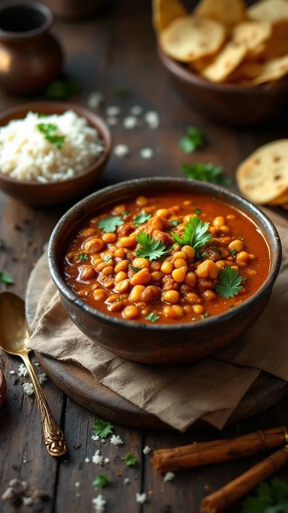 A bowl of hearty Andhra Tomato Dal garnished with cilantro, served with rice and crispy snacks.