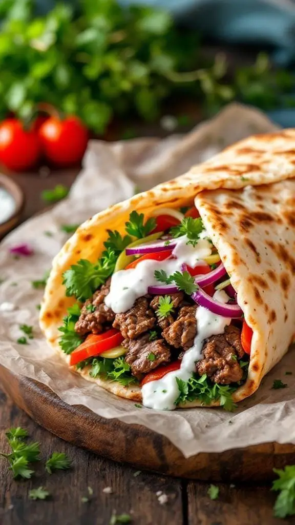 A delicious beef gyro wrapped in pita bread with fresh vegetables and sauce.