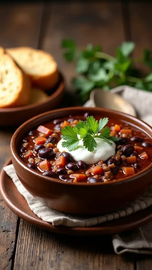 A bowl of hearty black bean and beef chili topped with sour cream and cilantro, served with slices of bread.
