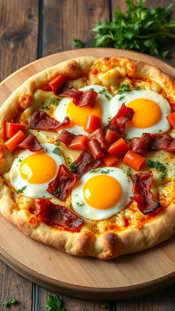 A delicious breakfast pizza topped with eggs, bacon, and vegetables.