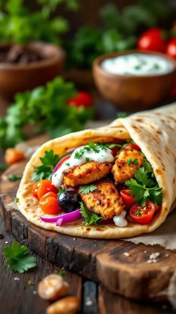 A delicious chicken gyro wrapped in pita with fresh vegetables and sauce.