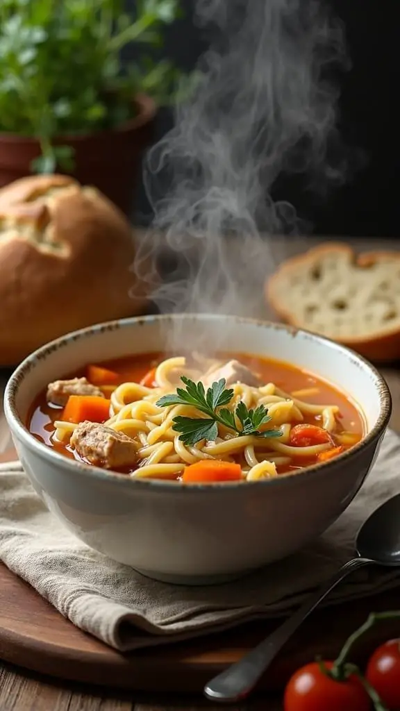 A steaming bowl of hearty chicken noodle soup with vegetables and herbs.