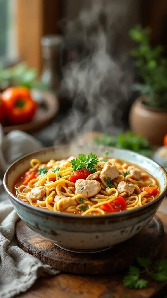 A bowl of hearty chicken noodle soup with steam rising, garnished with parsley.