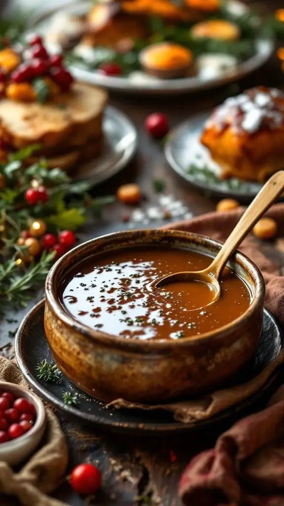 A bowl of hearty classic gravy with a wooden spoon, surrounded by festive holiday dishes.