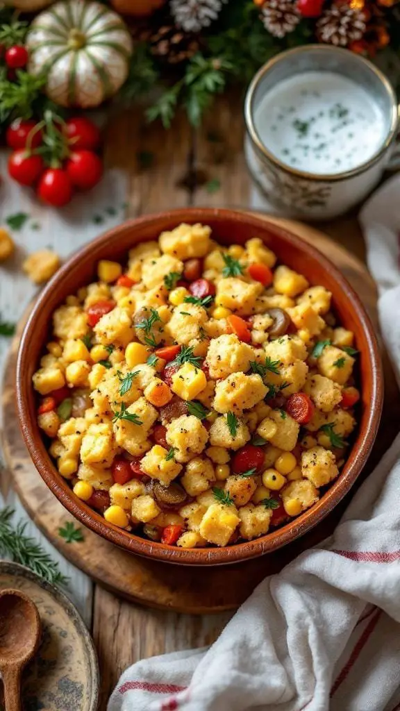 A bowl of cornbread stuffing with colorful vegetables, garnished with herbs.
