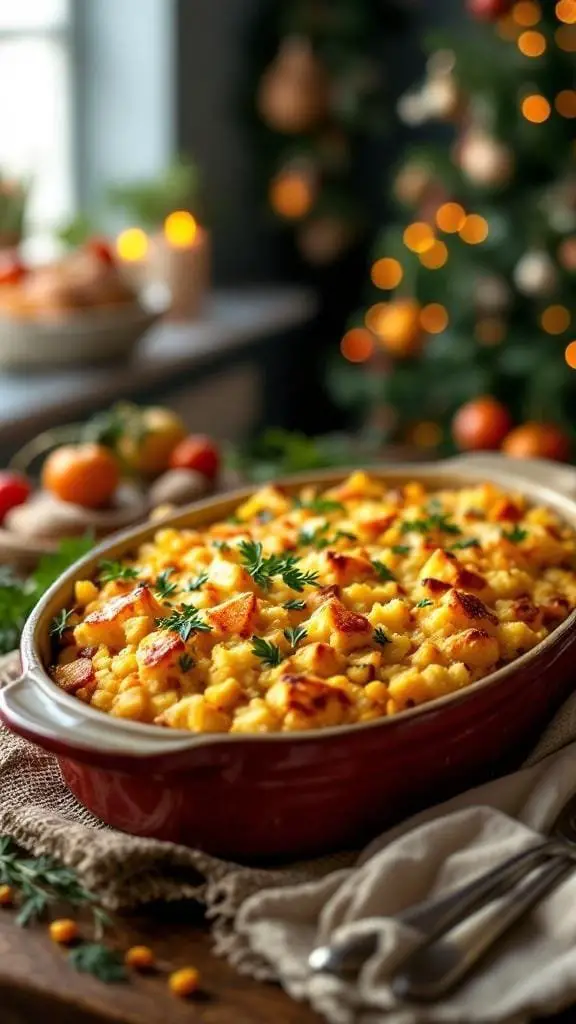 A dish of cornbread stuffing topped with herbs, set against a festive holiday backdrop.