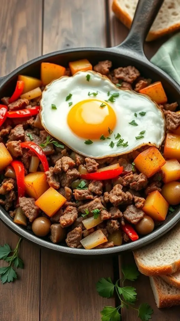 A skillet filled with corned beef hash topped with a fried egg, surrounded by colorful vegetables.