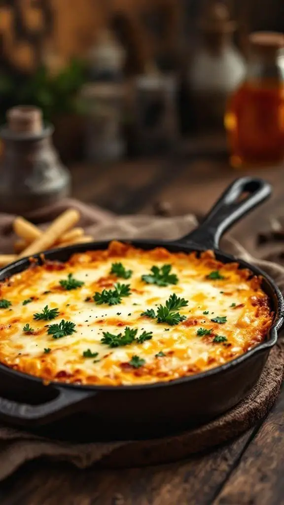 A delicious cowboy casserole topped with cheese and parsley in a cast iron skillet.