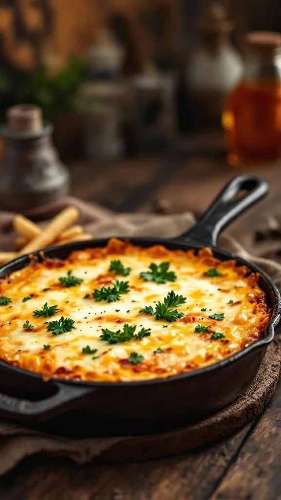A delicious cowboy casserole topped with cheese and parsley in a cast iron skillet.