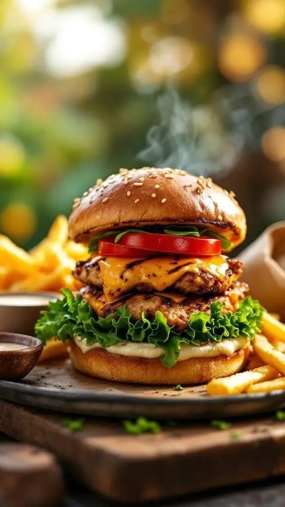 A delicious grilled chicken burger with lettuce, tomato, and cheese, served with fries.