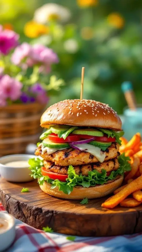A delicious grilled chicken burger with toppings and fries on a wooden board