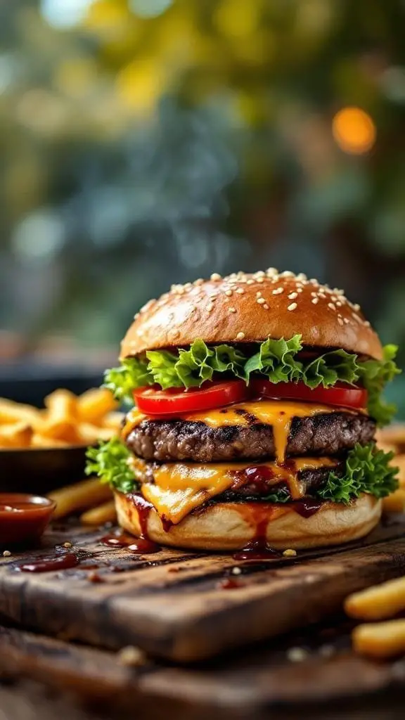 A delicious grilled steak burger with lettuce, tomato, and cheese, served with fries.