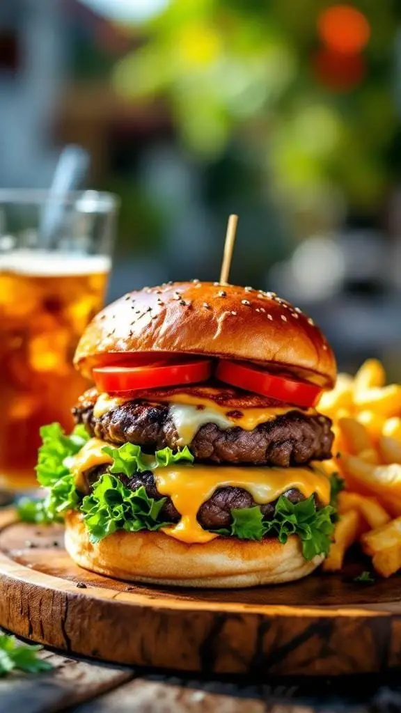 A hearty grilled steak burger with cheese, lettuce, and tomato, served with fries and a drink.