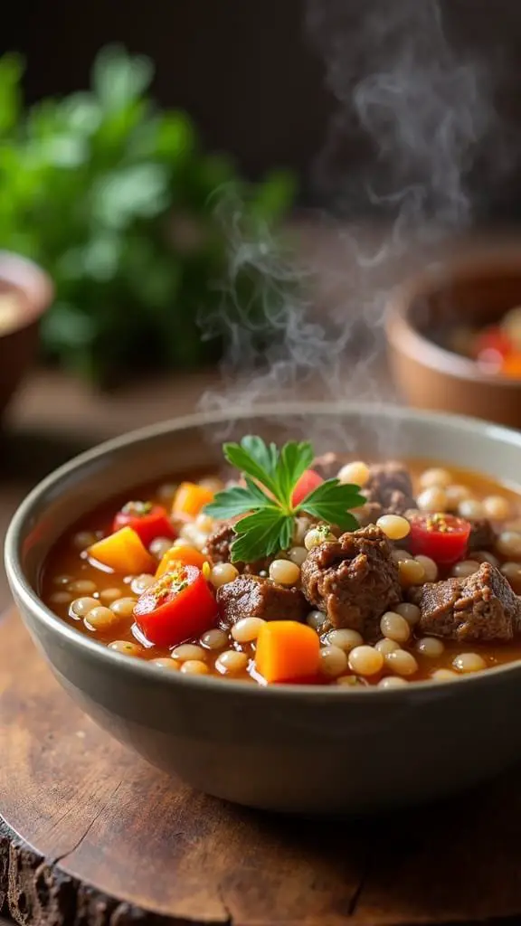 A steaming bowl of hearty beef and barley soup with colorful vegetables.