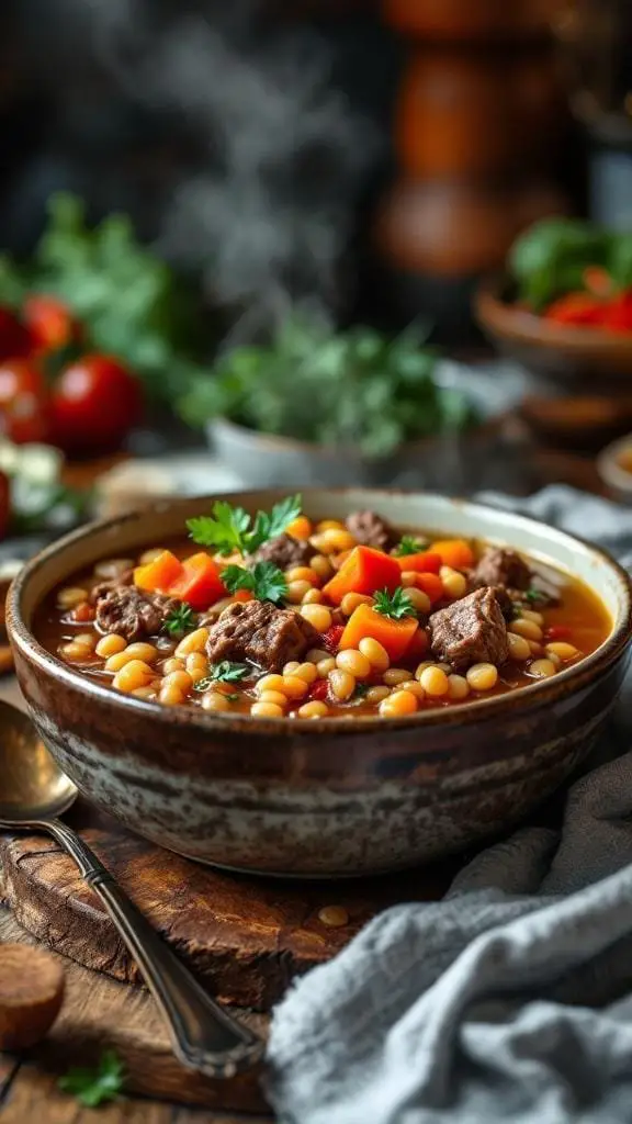 A bowl of hearty beef and barley soup with vegetables