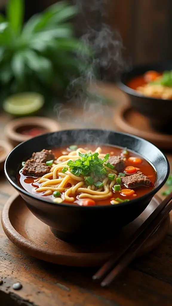 A steaming bowl of beef noodle soup garnished with green onions, served on a wooden table.