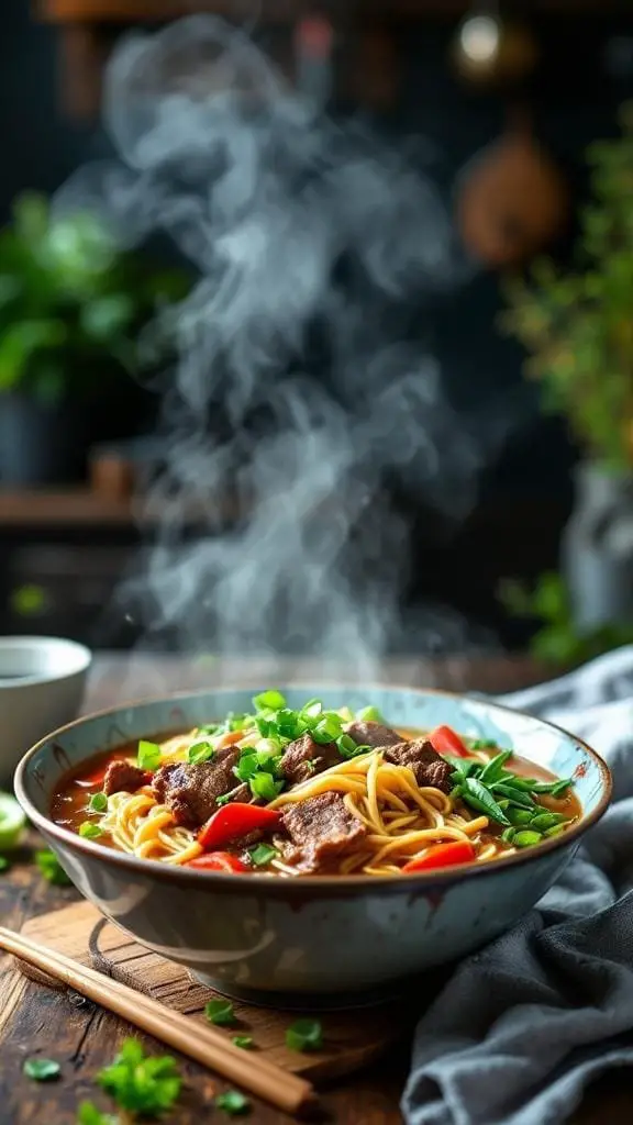 A bowl of steaming beef noodle soup garnished with green onions and red bell peppers.