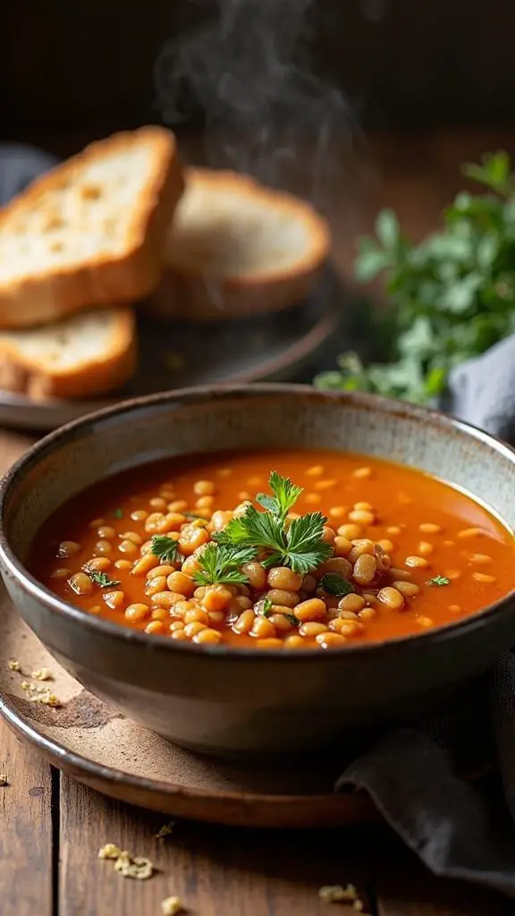 A bowl of hearty lentil soup garnished with parsley, served with slices of bread.
