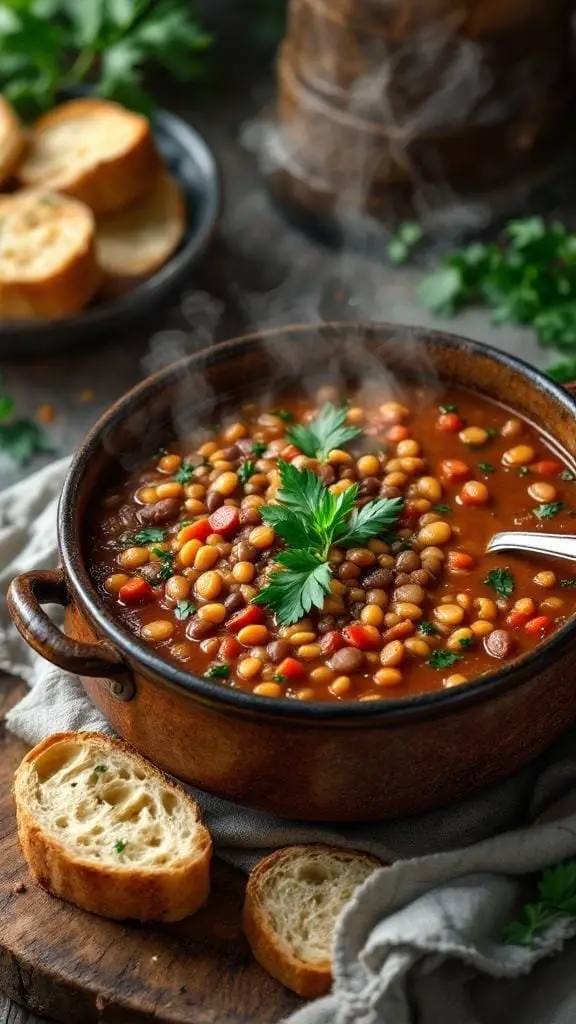 A bowl of hearty homemade lentil soup with fresh herbs and slices of bread
