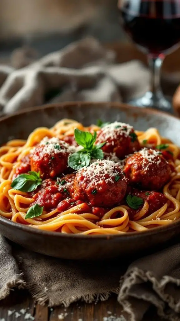 A bowl of hearty Italian meatball pasta with fresh basil and grated cheese