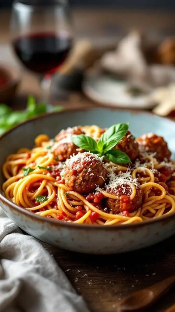 A bowl of spaghetti with meatballs topped with basil and parmesan cheese, served with a glass of red wine.